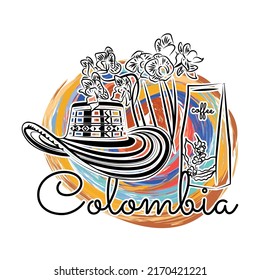 Colored Colombia Travel Promotion With Coffee Flowers And Hat Vector