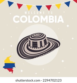 Colored colombia travel template with traditional hat Vector