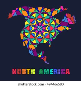 The colored and colorful geometric ethnic map the mosaic of the continent and the mainland North America USA Canada.Bright mandala.Abstract postcard and pattern.Vector illustration on black background