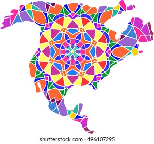 The colored and colorful geometric ethnic map the mosaic of the continent and the mainland North America USA Canada.Bright mandala.Abstract postcard and pattern.Vector illustration on white background