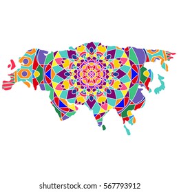 The colored and colorful geometric ethnic map the mosaic of the continent and the mainland Eurasia, Europe and Asia. Mandala. Abstract postcard and pattern. Vector illustration on white background.