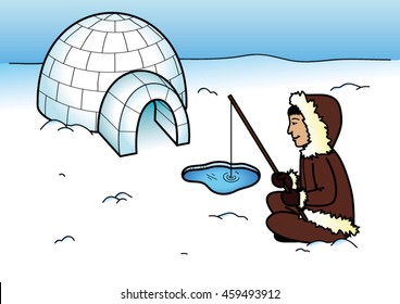 Colored coloring page - Eskimo with igloo