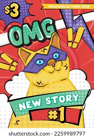 Portada de cómic de color con una ilustración de un superhéroe de gato Vector