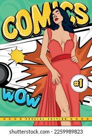 Portada de cómic de color con un personaje de modelo femenino Ilustración vectorial
