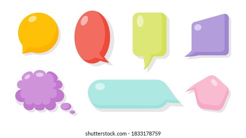 Colored comic speech soap bubble set. Cartoon empty text box clouds. Funny abstract different shapes of balloon. Glossy bubbles gum blank icon. Comics message template. Isolated vector illustration