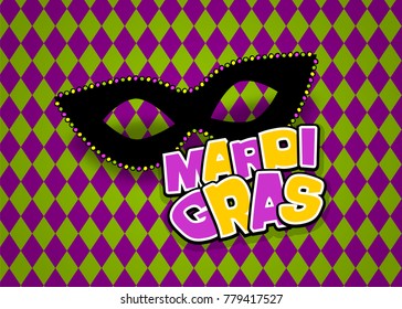 Colored comics text. Black mask bead necklace carnival texture background. Mardi Gras - Fat Tuesday carnival carnival in a French-speaking country. Comic book cartoon vector illustration pop art.