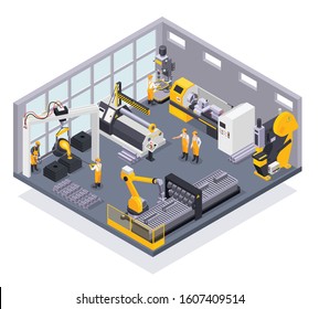 Colored composition with metal industry plant workers and machinery 3d isometric vector illustration