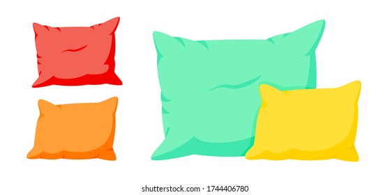 Colored composition of two pillows flat cartoon set. Home interior textile. Soft color square pillows mockup template, for bed, sofa. Feather, bamboo eco fabric. Colorful cushion. Vector illustration