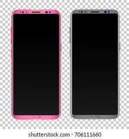 Colored concept of modern phones 2 x 1 with empty screens, realistic rose and gray mobile templates on transparent background. High quality vector illustration.