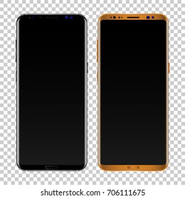 Colored concept of modern phones 2 x 1 with empty screens, realistic black and gold mobile templates on transparent background. High quality vector illustration.