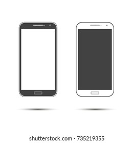 Colored concept of modern phones with empty screens, realistic white and black mobile templates on transparent background.