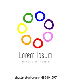 Colored conceptual and abstract logo of a group of people during a business meeting in an enterprise. Convergence concept