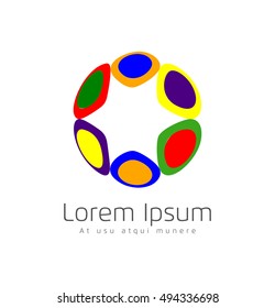 Colored conceptual and abstract logo of a group of people during a business meeting in an enterprise. Convergence concept