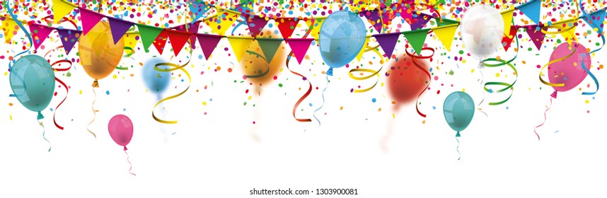 Colored confetti with balloons, ribbons and festoons on the white. Eps 10 vector file.