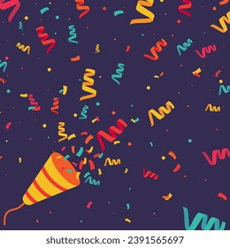 Colored confetti and firecrackers party popper, Vector festive birthday festival banner template, Festive decorations and surprises.