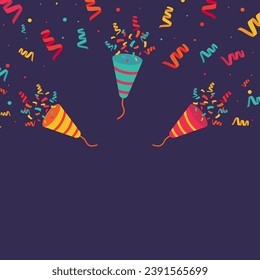Colored confetti and firecrackers party popper, Vector festive birthday festival banner template, Festive decorations and surprises.