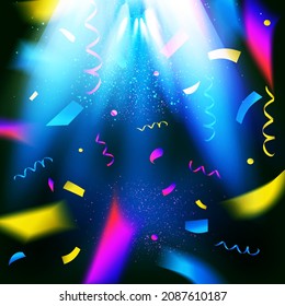 Colored confetti on a blue background is a place for text. Vector illustration