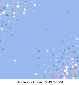 Colored confetti on blue. Luxurious calm background. Small multicolored squares in pink, white and blue tones. Element of design. Suitable for postcards, posters, cards. Vector illustration, EPS 10.