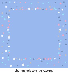 Colored confetti on blue. Luxurious calm background. Small multicolored squares in pink, white and blue tones. Element of design. Suitable for postcards, posters, cards. Vector illustration, EPS 10.