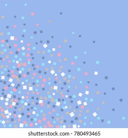 Colored confetti on blue. Luxurious calm background. Small multicolored squares in pink, white and blue tones. Element of design. Suitable for postcards, posters, cards. Vector illustration, EPS 10.