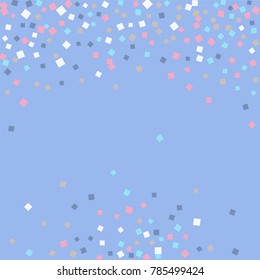 Colored confetti on blue. Luxurious calm background. Small multicolored squares in pink, white and blue tones. Element of design. Suitable for postcards, posters, cards. Vector illustration, EPS 10.