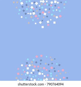 Colored confetti on blue. Luxurious calm background. Small multicolored squares in pink, white and blue tones. Element of design. Suitable for postcards, posters, cards. Vector illustration, EPS 10.