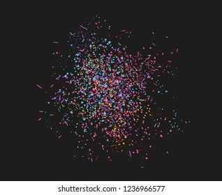 Colored confetti on isolated black background. Texture with many glitters. Holiday elements. Pattern for flyers, banners and textiles. Greeting cards