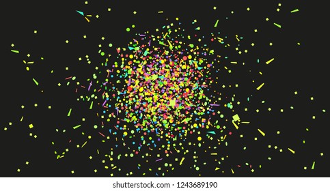 Colored confetti on isolated black background. Texture with many glitters. Holiday elements. Pattern for flyers, banners and textiles. Greeting cards