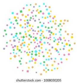 Colored confetti on white. Small multicolored squares in pink, orange, blue, green, felted and purple. Element of design. Suitable for postcards, posters, cards. Vector illustration, EPS 10.