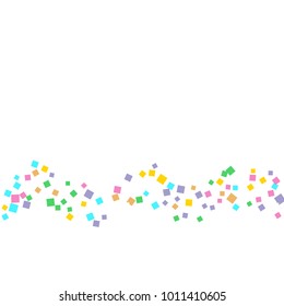 Colored confetti on white. Small multicolored squares in pink, orange, blue, green, felted and purple. Element of design. Suitable for postcards, posters, cards. Vector illustration, EPS 10.