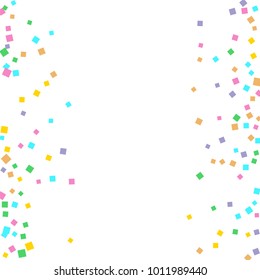 Colored confetti on white. Small multicolored squares in pink, orange, blue, green, felted and purple. Element of design. Suitable for postcards, posters, cards. Vector illustration, EPS 10.