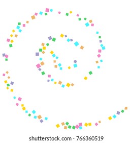 Colored confetti on white. Small multicolored squares in pink, orange, blue, green, felted and purple. Element of design. Suitable for postcards, posters, cards. Vector illustration, EPS 10.