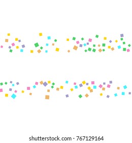 Colored confetti on white. Small multicolored squares in pink, orange, blue, green, felted and purple. Element of design. Suitable for postcards, posters, cards. Vector illustration, EPS 10.