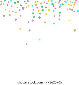 Colored confetti on white. Small multicolored squares in pink, orange, blue, green, felted and purple. Element of design. Suitable for postcards, posters, cards. Vector illustration, EPS 10.