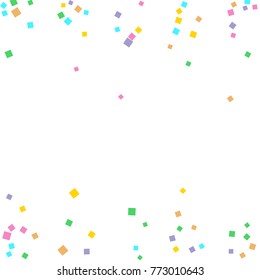 Colored confetti on white. Small multicolored squares in pink, orange, blue, green, felted and purple. Element of design. Suitable for postcards, posters, cards. Vector illustration, EPS 10.