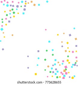 Colored confetti on white. Small multicolored squares in pink, orange, blue, green, felted and purple. Element of design. Suitable for postcards, posters, cards. Vector illustration, EPS 10.