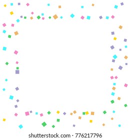 Colored confetti on white. Small multicolored squares in pink, orange, blue, green, felted and purple. Element of design. Suitable for postcards, posters, cards. Vector illustration, EPS 10.