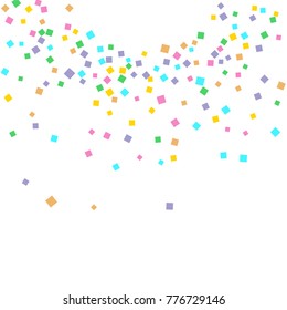 Colored confetti on white. Small multicolored squares in pink, orange, blue, green, felted and purple. Element of design. Suitable for postcards, posters, cards. Vector illustration, EPS 10.
