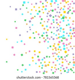 Colored confetti on white. Small multicolored squares in pink, orange, blue, green, felted and purple. Element of design. Suitable for postcards, posters, cards. Vector illustration, EPS 10.