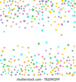 Colored confetti on white. Small multicolored squares in pink, orange, blue, green, felted and purple. Element of design. Suitable for postcards, posters, cards. Vector illustration, EPS 10.