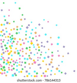 Colored confetti on white. Small multicolored squares in pink, orange, blue, green, felted and purple. Element of design. Suitable for postcards, posters, cards. Vector illustration, EPS 10.
