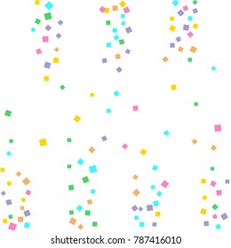 Colored confetti on white. Small multicolored squares in pink, orange, blue, green, felted and purple. Element of design. Suitable for postcards, posters, cards. Vector illustration, EPS 10.