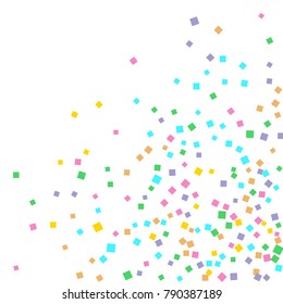 Colored confetti on white. Small multicolored squares in pink, orange, blue, green, felted and purple. Element of design. Suitable for postcards, posters, cards. Vector illustration, EPS 10.