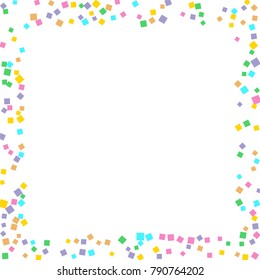 Colored confetti on white. Small multicolored squares in pink, orange, blue, green, felted and purple. Element of design. Suitable for postcards, posters, cards. Vector illustration, EPS 10.