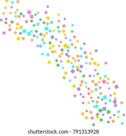 Colored confetti on white. Small multicolored squares in pink, orange, blue, green, felted and purple. Element of design. Suitable for postcards, posters, cards. Vector illustration, EPS 10.