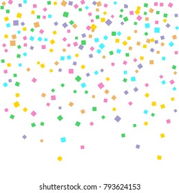 Colored confetti on white. Small multicolored squares in pink, orange, blue, green, felted and purple. Element of design. Suitable for postcards, posters, cards. Vector illustration, EPS 10.