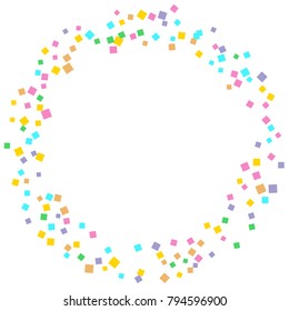 Colored confetti on white. Small multicolored squares in pink, orange, blue, green, felted and purple. Element of design. Suitable for postcards, posters, cards. Vector illustration, EPS 10.