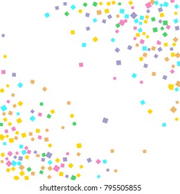 Colored confetti on white. Small multicolored squares in pink, orange, blue, green, felted and purple. Element of design. Suitable for postcards, posters, cards. Vector illustration, EPS 10.