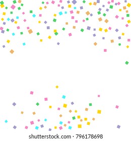 Colored confetti on white. Small multicolored squares in pink, orange, blue, green, felted and purple. Element of design. Suitable for postcards, posters, cards. Vector illustration, EPS 10.