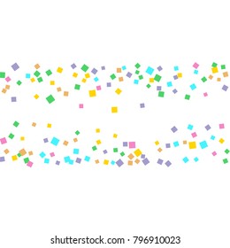 Colored confetti on white. Small multicolored squares in pink, orange, blue, green, felted and purple. Element of design. Suitable for postcards, posters, cards. Vector illustration, EPS 10.